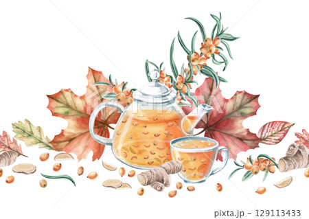 Seamless border with sea buckthorn tea, ginger and autumn leaves. Isolated watercolor illustration for seasonal menu design, kitchenware and textiles, printing on posters and postcards. 129113433