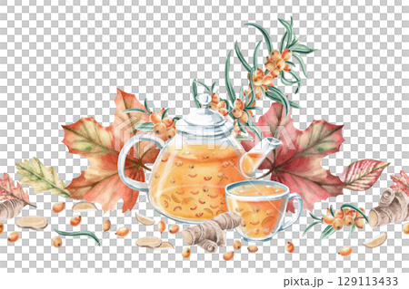 Seamless border with sea buckthorn tea, ginger and autumn leaves. Isolated watercolor illustration for seasonal menu design, kitchenware and textiles, printing on posters and postcards. 129113433