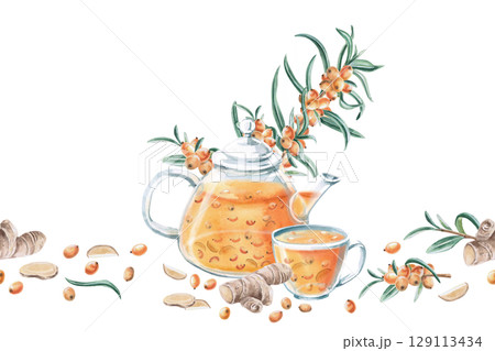Seamless border with sea buckthorn tea, ginger and sea buckthorn branch. Isolated watercolor illustration for seasonal menu design, kitchenware and textiles, printing on posters and postcards. 129113434