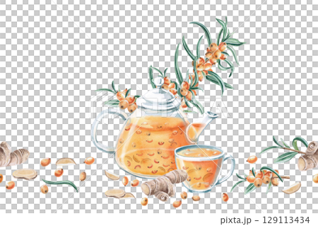 Seamless border with sea buckthorn tea, ginger and sea buckthorn branch. Isolated watercolor illustration for seasonal menu design, kitchenware and textiles, printing on posters and postcards. 129113434