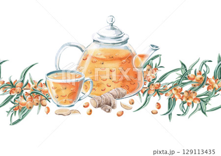 Seamless border with sea buckthorn tea and a branch. Isolated watercolor illustration for the design of a seasonal menu, kitchenware and textiles, printing on posters and postcards. 129113435