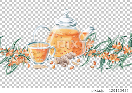 Seamless border with sea buckthorn tea and a branch. Isolated watercolor illustration for the design of a seasonal menu, kitchenware and textiles, printing on posters and postcards. 129113435
