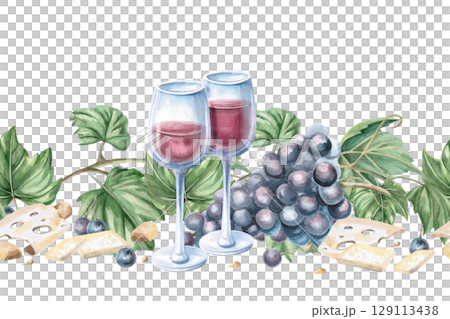 Seamless border with wine glasses, cheese, grapes and vine. Isolated watercolor illustration for textile design for kitchen, tableware, interior, printing on posters for harvest festival, Wine Day. 129113438