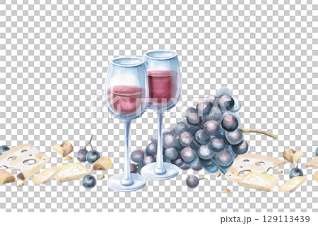 Seamless border with wine glasses, cheese and grapes. Isolated watercolor illustration for design of textiles for kitchen, tableware, interior, printing on posters for harvest festival, Wine Day. 129113439