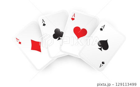 Aces playing cards four poker game. Vector Isolated realistic gambling card. Clubs and spaces, hearts and diamonds casino card. Black and Red suits 129113499