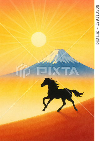 富士山を背景に駆ける馬のシルエット、初日の出と馬のシンボリックな
