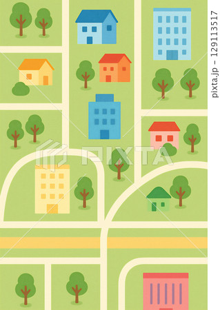 カラフルで可愛い街並みのイラストマップ、住宅やビルが並ぶ俯瞰の街風景、ポップなタッチの街並み地図風背 カラフルで可愛い街並みのイラストマップ、住宅やビルが並ぶ俯瞰の街風景、ポップなタッチの街並み地図風背 129113517