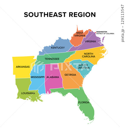 Southeast region of United States, colored map. Also Southeastern United States, American Southeast, or simply Southeast, a geographic region, consisting of 12 contiguous states, and Washington, D.C. Southeast region of United States, colored map. Also Southeastern United States, American Southeast, or simply Southeast, a geographic region, consisting of 12 contiguous states, and Washington, D.C. 129113547