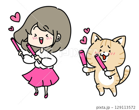 推し活をする女の子と猫ちゃんのセット 129113572