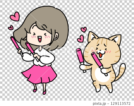 推し活をする女の子と猫ちゃんのセット 129113572