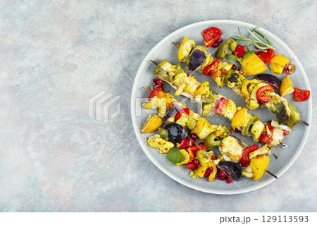 BBQ Fish Skewers with Vegetables. 129113593
