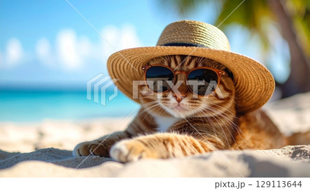 Adorable tabby kitten in a cute summer hat, relaxing on a sunny beach, gazing at the beautiful blue ocean Adorable tabby kitten in a cute summer hat, relaxing on a sunny beach, gazing at the beautiful blue ocean 129113644