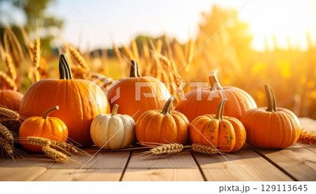 An autumnal harvest of fresh orange pumpkins, gourds, and squash are ready for Thanksgiving on a farm An autumnal harvest of fresh orange pumpkins, gourds, and squash are ready for Thanksgiving on a farm 129113645