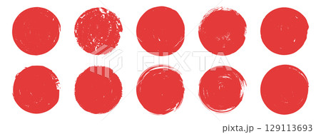 Red brush sun rough circle. Hand drawn grunge Japanese sun stamp on white background. Red brush sun rough circle. Hand drawn grunge Japanese sun stamp on white background. 129113693