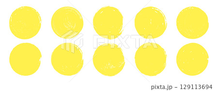 Yellow brush sun circles set. Grunge round stamp collection. Hand drawn crayon abstract elements. Yellow brush sun circles set. Grunge round stamp collection. Hand drawn crayon abstract elements. 129113694
