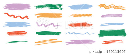 Doodle chalk underline set. Crayon and pastel pencil sketchy lines, scrawls, and highlight strokes. Vector illustration. 129113695
