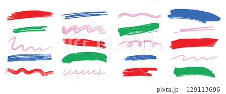 Chalk scrawl underline doodles. Kids crayon brush stroke lines and sketchy underlines. Vector illustration. 129113696