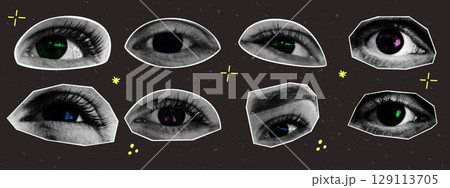 Trendy halftone collage eyes with doodle elements. Y2K style. Modern vector illustration. Trendy halftone collage eyes with doodle elements. Y2K style. Modern vector illustration. 129113705
