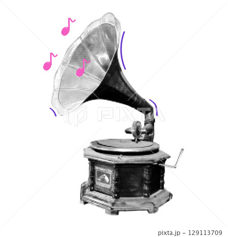 Gramophone halftone collage element. Grunge cut out shape with dotted texture. Trendy Y2K style. 129113709