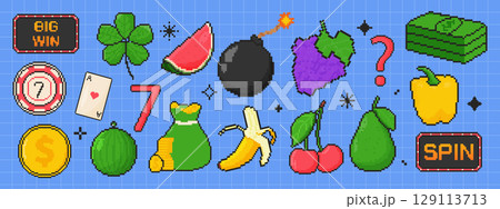 8 bit gambling icon set. Pixel art object. Retro 80s,90s video game graphics. Clover, coins, playing card, fruits, bomb. 129113713