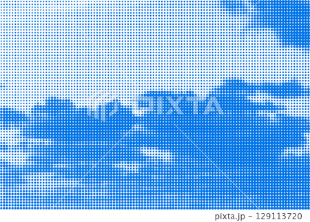 Halftone dot clouds on blue sky. Vintage pop art style with dotted texture. 129113720