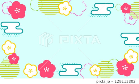 ポップでキュートな梅の和柄背景イラスト(文字なし)　ワイド 129113802