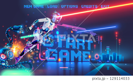 Non existent computer video game screenshot. Start Interface of computer action video game with menu, loading bar, robot super hero winning antagonist. Sci-fi Robot cyborg woman with laser on arena. 129114033