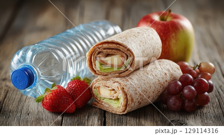 Healthy school lunch with whole grain wrap and fresh fruit 129114316