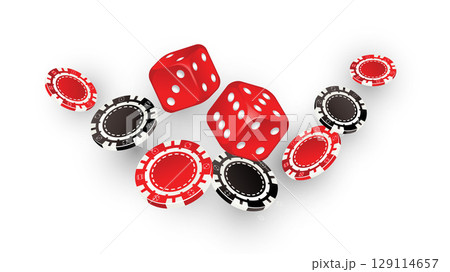 Falling aces and casino chips on white background. Playing cards, red and black money chips. Gambling Poker and card games. Falling aces and casino chips on white background. Playing cards, red and black money chips. Gambling Poker and card games. 129114657