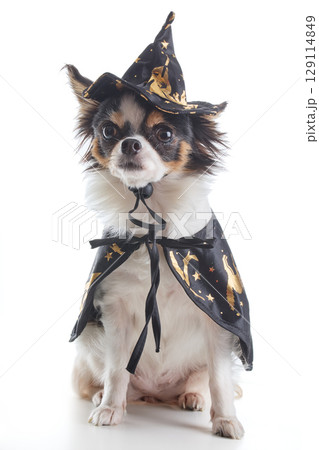 A small Chihuahua dog dressed up as a witch with white background A small Chihuahua dog dressed up as a witch with white background 129114849