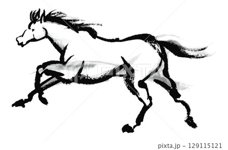 全速力で駆ける馬の水墨画、午年の年賀状素材のイラスト素材