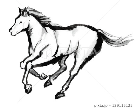 全速力で駆ける馬の水墨画、午年の年賀状素材 129115123