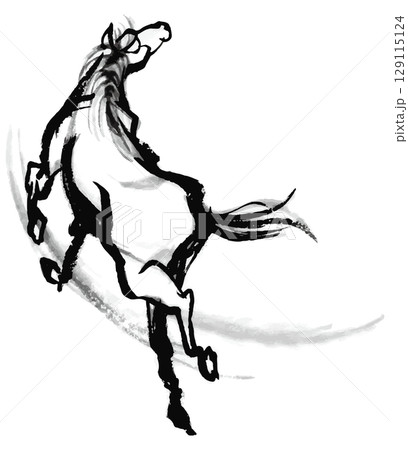 勢いよく跳ねる馬の水墨画、午年の年賀状素材 129115124