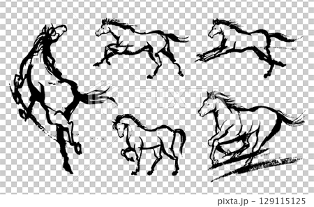 躍動感のある様々な馬の水墨画（線のみ）、午年の年賀状素材 129115125