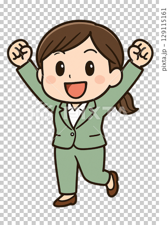 A businesswoman in a pantsuit smiling and raising both arms in a fist pump 129115161
