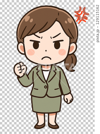 穿著西裝的憤怒女商人握緊拳頭 穿著西裝的憤怒女商人握緊拳頭 129115162