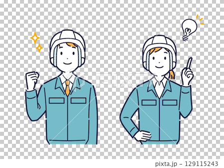 Illustration of a man and woman in work clothes looking up and smiling 129115243