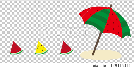 西瓜圖案的沙灘傘和西瓜片 129115316