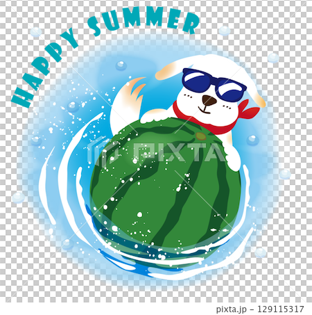 スイカと一緒にぷかぷかするサングラス犬 129115317