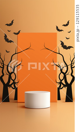 halloween spooky podium with bats and trees on orange backdrop for product display mockup advertisement showcase scene festive eerie october theme for holiday promotions 129115535