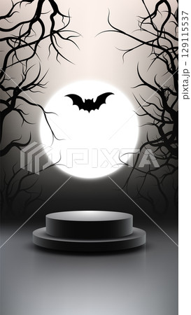 halloween spooky backdrop with full moon eerie forest bare trees flying bat and round podium for product display mockup or showcase in dark atmospheric night setting 129115537