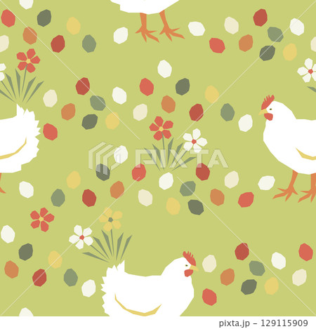 Vector seamless Easter pattern with chicken and eggs 129115909