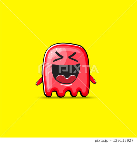 Funny cute smiling red ghost monster isolated on yellow background. Hand drawn cartoon red ghost character with eyes and mouth , cute emoji. Funky Halloween spirit element. Funny cute smiling red ghost monster isolated on yellow background. Hand drawn cartoon red ghost character with eyes and mouth , cute emoji. Funky Halloween spirit element. 129115927