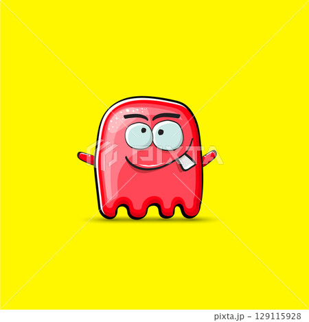 Funny cute smiling red ghost monster isolated on yellow background. Hand drawn cartoon red ghost character with eyes and mouth , cute emoji. Funky Halloween spirit element. Funny cute smiling red ghost monster isolated on yellow background. Hand drawn cartoon red ghost character with eyes and mouth , cute emoji. Funky Halloween spirit element. 129115928