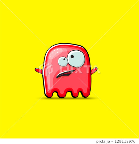 Funny cute smiling red ghost monster isolated on yellow background. Hand drawn cartoon red ghost character with eyes and mouth , cute emoji. Funky Halloween spirit element. 129115976