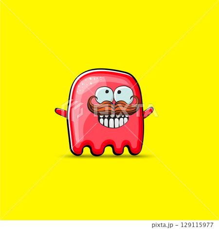 Funny cute smiling red ghost monster isolated on yellow background. Hand drawn cartoon red ghost character with eyes and mouth , cute emoji. Funky Halloween spirit element. 129115977