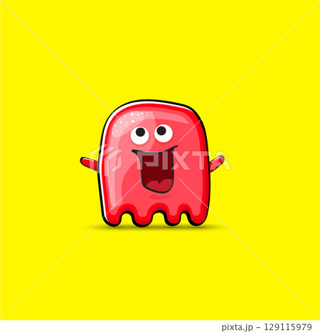 Funny cute smiling red ghost monster isolated on yellow background. Hand drawn cartoon red ghost character with eyes and mouth , cute emoji. Funky Halloween spirit element. 129115979