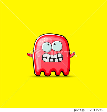 Funny cute smiling red ghost monster isolated on yellow background. Hand drawn cartoon red ghost character with eyes and mouth , cute emoji. Funky Halloween spirit element. Funny cute smiling red ghost monster isolated on yellow background. Hand drawn cartoon red ghost character with eyes and mouth , cute emoji. Funky Halloween spirit element. 129115980