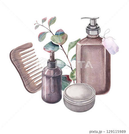 Comb, oil bottle, tin, soap dispenser with label, and eucalyptus sprig. Hand-drawn hair care items isolated on white background. Perfect for cosmetics label, packaging, branding and product designs Comb, oil bottle, tin, soap dispenser with label, and eucalyptus sprig. Hand-drawn hair care items isolated on white background. Perfect for cosmetics label, packaging, branding and product designs 129115989
