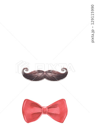 Handlebar moustache, and bow tie. Hand-painted watercolor vertical composition, clipart isolated on white background. Perfect for hipster branding, barbershop decor, men fashion, gentleman designs Handlebar moustache, and bow tie. Hand-painted watercolor vertical composition, clipart isolated on white background. Perfect for hipster branding, barbershop decor, men fashion, gentleman designs 129115990